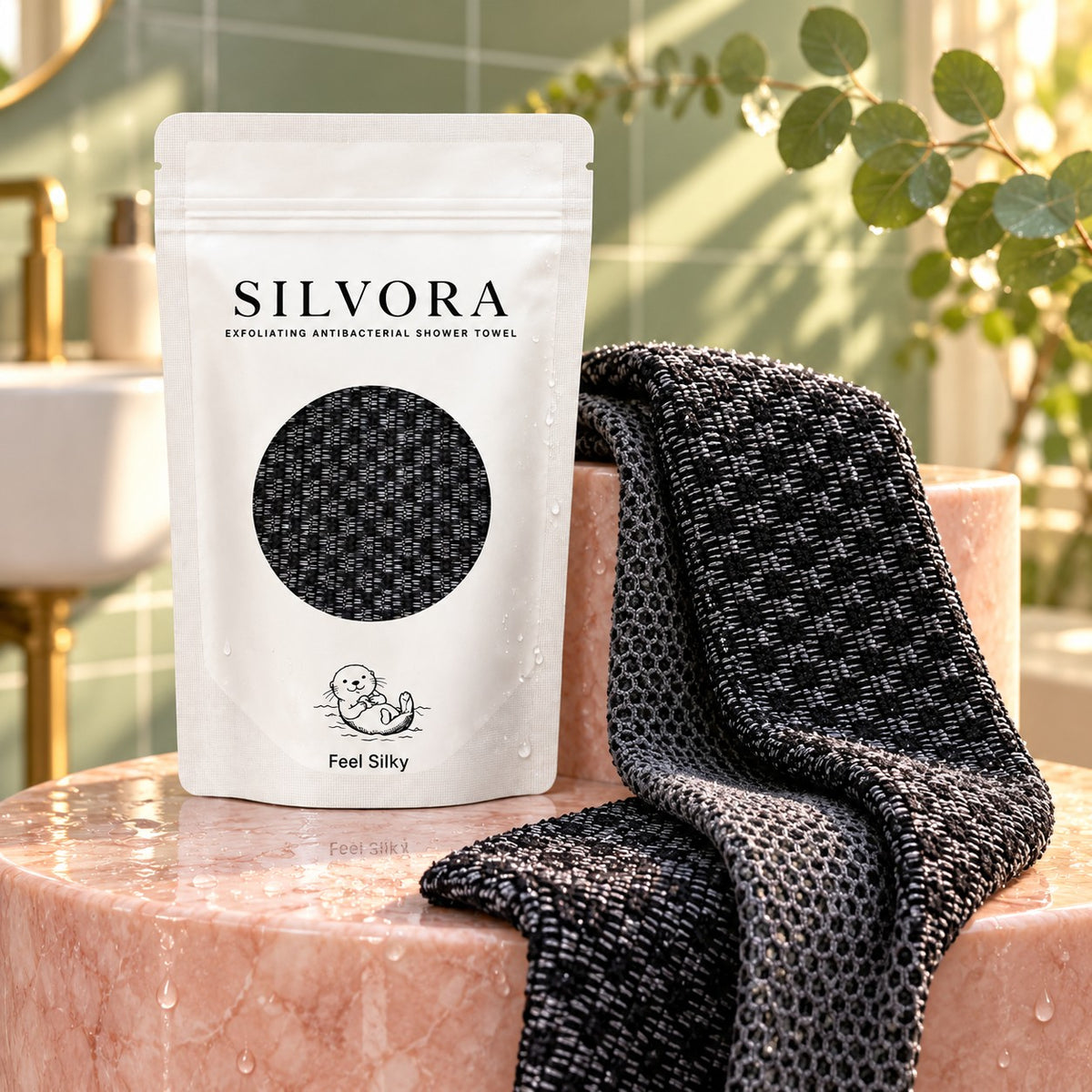 SILVORA exfoliating shower towel black