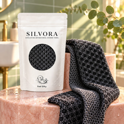 SILVORA exfoliating shower towel black